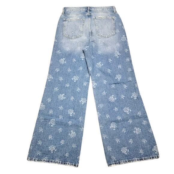 Blue Baggy Ripped Rose Print Low Rise Wide Leg Jeans Juniors 11 - Picture 2 of 6